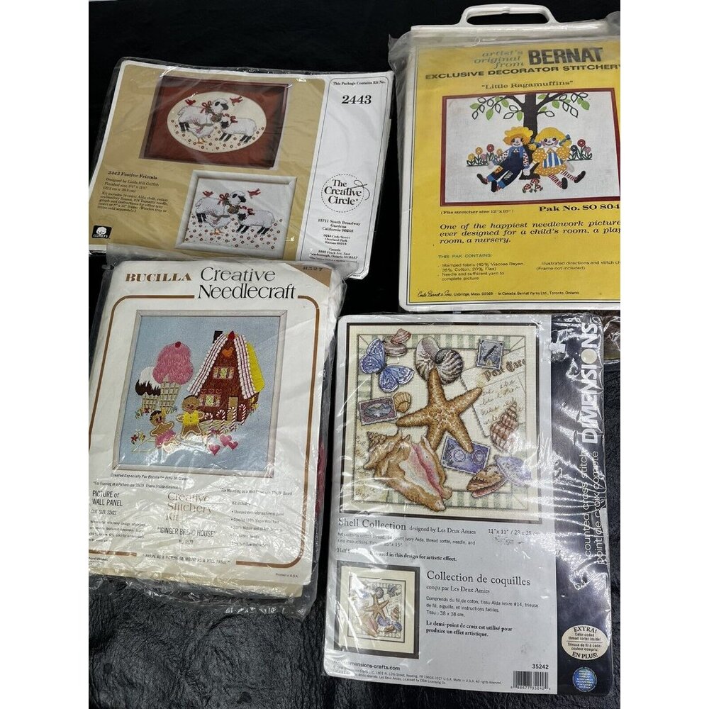 Cross Stitch Needlework Stitchery Kit Lot of 4 1 Finished 1 Started 2 New Craft